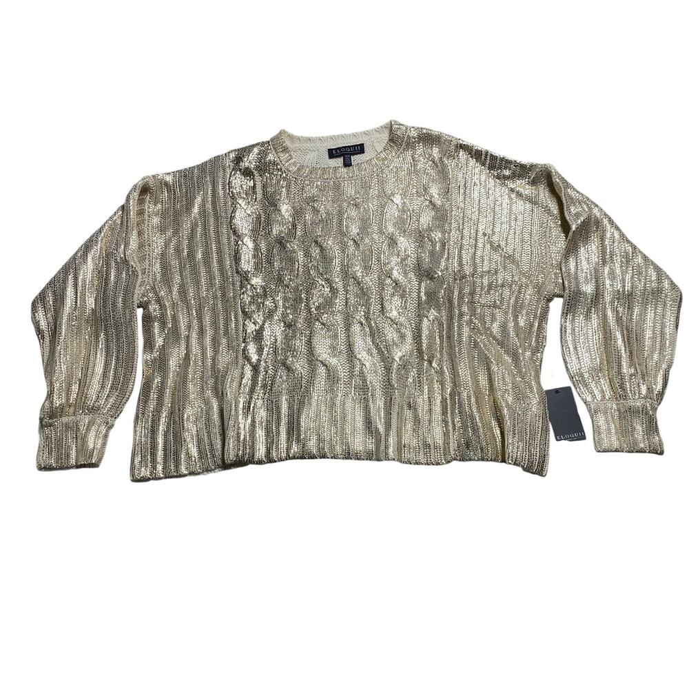 NWT ELOQUII Gold Toned Metallic Foil Cable Knit Crewneck Sweater Womens 18/20